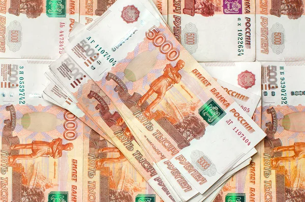 Montón Cinco Mil Rublos Rusos Billetes Banco Como Fondo Concepto — Foto de Stock