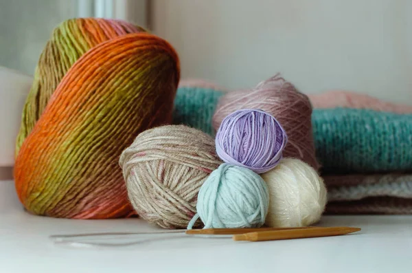 Multi Colored Skeins Woolen Yarn Knitting Close — Stock Photo, Image