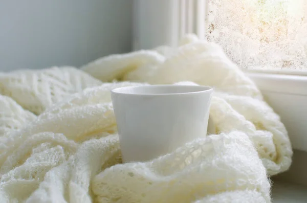 Cup Tea White Knitted Plaid — Stockfoto