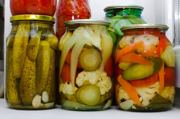 Preserves Vegetables Glass Jars Various Canned Vegetables Home Canning — Stock Photo, Image