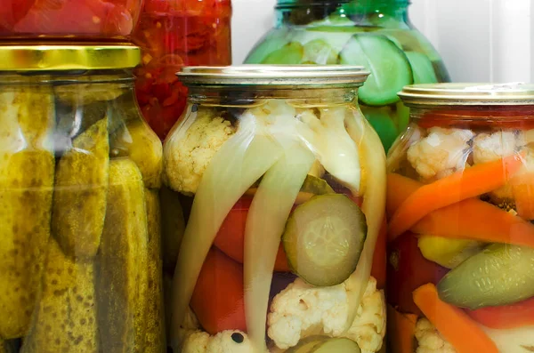 Cucumbers Bell Peppers Cauliflower Other Pickled Vegetables Glass Jar Storage — Stock Photo, Image