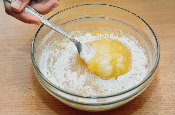 Stir Flour Glass Bowl Broken Egg Cooking — Stock Photo, Image