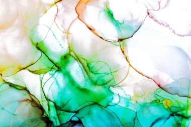 Alkol mürekkebi teknikli doğal akışkan resim. Yumuşak rüya renkleri şeffaf dalgalı çizgiler oluşturur.