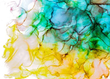 Alkol mürekkebi teknikli doğal akışkan resim. Yumuşak rüya renkleri şeffaf dalgalı çizgiler oluşturur.