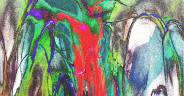 Alkol mürekkebi teknikli doğal akışkan resim. Yumuşak rüya renkleri şeffaf dalgalı çizgiler oluşturur.