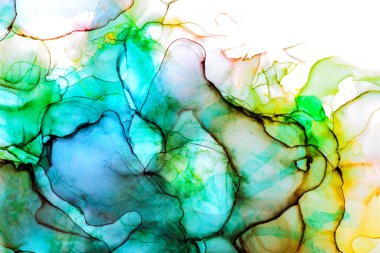 Alkol mürekkebi teknikli doğal akışkan resim. Yumuşak rüya renkleri şeffaf dalgalı çizgiler oluşturur.