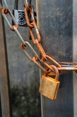 Bir kapı zincir ve asma kilit ile kilitlenir - 3D görüntüleme