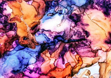 Alkol mürekkebi tekniğindeki doğal akışkan resim. Yumuşak rüya renkleri şeffaf dalgalı çizgiler oluşturur.