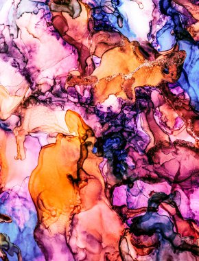 Alkol mürekkebi tekniğindeki doğal akışkan resim. Yumuşak rüya renkleri şeffaf dalgalı çizgiler oluşturur.