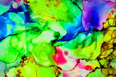 Alkol mürekkebi tekniğindeki doğal akışkan resim. Yumuşak rüya renkleri şeffaf dalgalı çizgiler oluşturur.