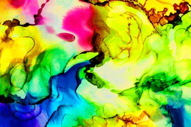 Alkol mürekkebi tekniğindeki doğal akışkan resim. Yumuşak rüya renkleri şeffaf dalgalı çizgiler oluşturur.