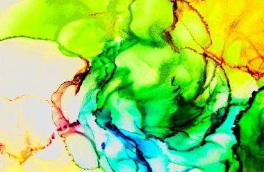 Alkol mürekkebi tekniğindeki doğal akışkan resim. Yumuşak rüya renkleri şeffaf dalgalı çizgiler oluşturur.