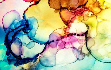 Alkol mürekkebi tekniğindeki doğal akışkan resim. Yumuşak rüya renkleri şeffaf dalgalı çizgiler oluşturur.