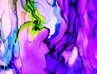 Alkol mürekkebi tekniğindeki doğal akışkan resim. Yumuşak rüya renkleri şeffaf dalgalı çizgiler oluşturur.