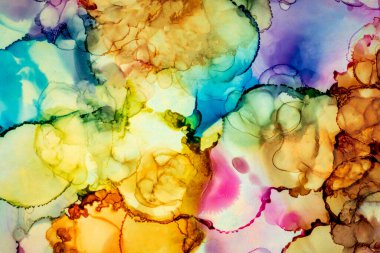 Alkol mürekkebi tekniğindeki doğal akışkan resim. Yumuşak rüya renkleri şeffaf dalgalı çizgiler oluşturur.