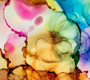 Alkol mürekkebi tekniğindeki doğal akışkan resim. Yumuşak rüya renkleri şeffaf dalgalı çizgiler oluşturur.