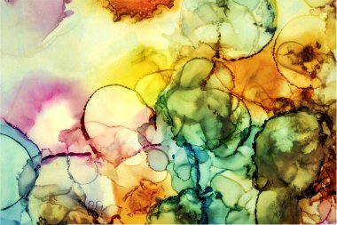 Alkol mürekkebi tekniğindeki doğal akışkan resim. Yumuşak rüya renkleri şeffaf dalgalı çizgiler oluşturur.