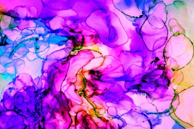 Alkol mürekkebi tekniğindeki doğal akışkan resim. Yumuşak rüya renkleri şeffaf dalgalı çizgiler oluşturur.