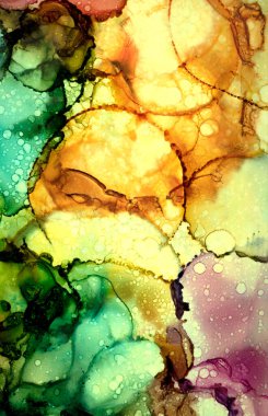 Alkol mürekkebi tekniğindeki doğal akışkan resim. Yumuşak rüya renkleri şeffaf dalgalı çizgiler oluşturur.