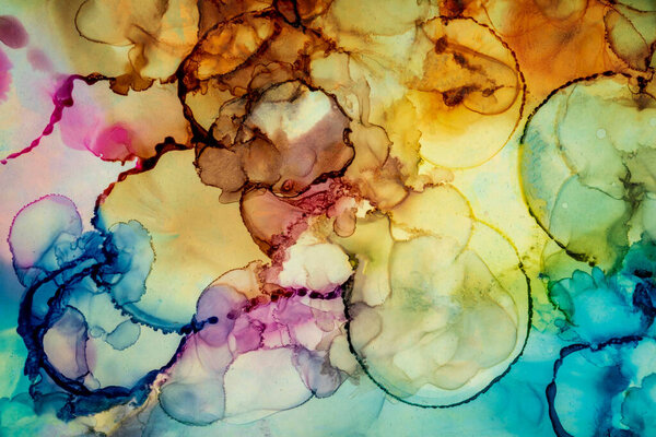 Natural abstract fluid art painting in alcohol ink technique. Soft dreamy colors create transparent wavy lines.