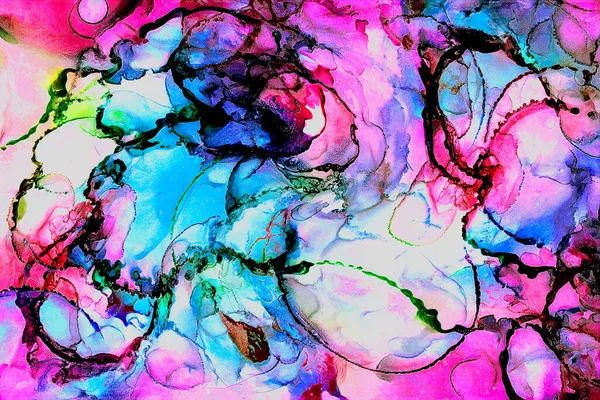 Alkol mürekkebi tekniğindeki doğal akışkan resim. Yumuşak rüya renkleri şeffaf dalgalı çizgiler oluşturur.