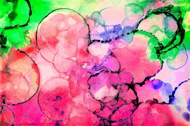 Alkol mürekkebi tekniğindeki doğal akışkan resim. Yumuşak rüya renkleri şeffaf dalgalı çizgiler oluşturur.