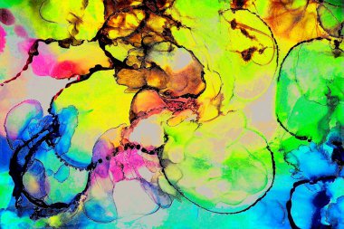 Alkol mürekkebi tekniğindeki doğal akışkan resim. Yumuşak rüya renkleri şeffaf dalgalı çizgiler oluşturur.