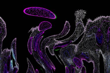 Neon parıltısı arka planı. Akan doku. Odaklanamayan kıvılcımlar. Bokeh parıltısı. Floresan moru. Mavi. Magenta. Pembe. Gradyan ışık. Parlak röfleler. Desen.