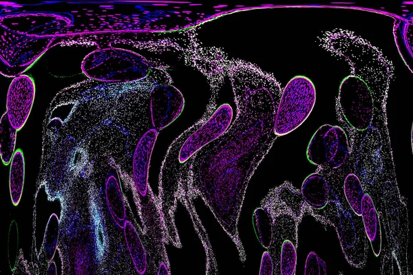 Neon parıltısı arka planı. Akan doku. Odaklanamayan kıvılcımlar. Bokeh parıltısı. Floresan moru. Mavi. Magenta. Pembe. Gradyan ışık. Parlak röfleler. Desen.