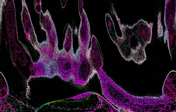 Neon parıltısı arka planı. Akan doku. Odaklanamayan kıvılcımlar. Bokeh parıltısı. Floresan moru. Mavi. Magenta. Pembe. Gradyan ışık. Parlak röfleler. Desen.