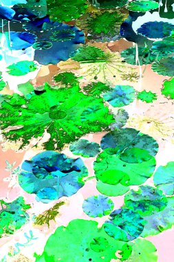 Nilüfer yaprakları ve nilüfer yapraklarıyla sunulan zarif desenli tasarım.