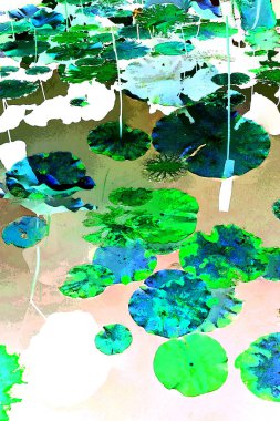 Nilüfer yaprakları ve nilüfer yapraklarıyla sunulan zarif desenli tasarım.