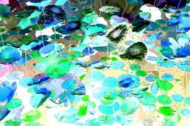 Nilüfer yaprakları ve nilüfer yapraklarıyla sunulan zarif desenli tasarım.