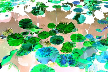 Nilüfer yaprakları ve nilüfer yapraklarıyla sunulan zarif desenli tasarım.