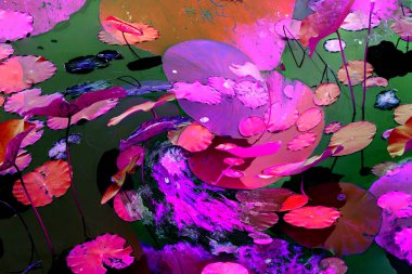 Nilüfer yaprakları ve nilüfer yapraklarıyla sunulan zarif desenli tasarım.