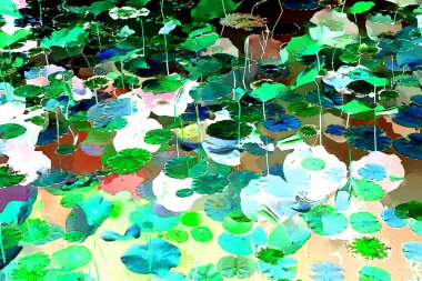 Nilüfer yaprakları ve nilüfer yapraklarıyla sunulan zarif desenli tasarım.