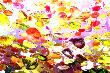 Nilüfer yaprakları ve nilüfer yapraklarıyla sunulan zarif desenli tasarım.