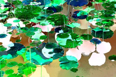 Nilüfer yaprakları ve nilüfer yapraklarıyla sunulan zarif desenli tasarım.