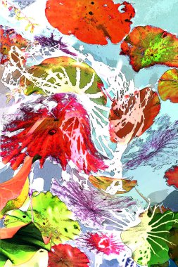 Nilüfer yaprakları ve nilüfer yapraklarıyla sunulan zarif desenli tasarım.