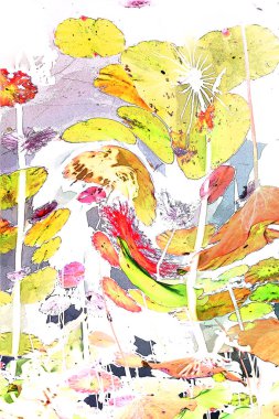 Nilüfer yaprakları ve nilüfer yapraklarıyla sunulan zarif desenli tasarım.