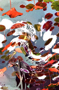 Nilüfer yaprakları ve nilüfer yapraklarıyla sunulan zarif desenli tasarım.