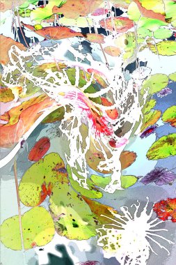 Nilüfer yaprakları ve nilüfer yapraklarıyla sunulan zarif desenli tasarım.