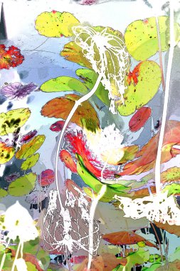 Nilüfer yaprakları ve nilüfer yapraklarıyla sunulan zarif desenli tasarım.