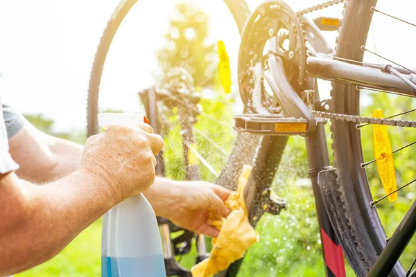 Senior Man Hand Cleaning Bike Spray Rag Doing Maintenance His — Stockfoto