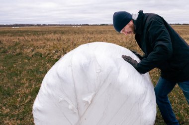 Çiftçi ve saman yığınları kış için toplandı