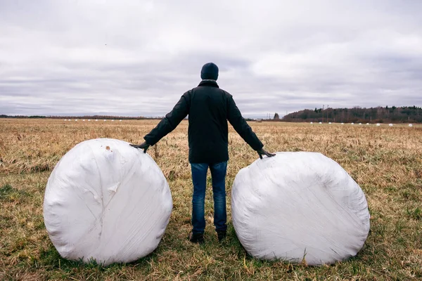 Çiftçi ve saman yığınları kış için toplandı