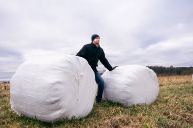 Çiftçi ve saman yığınları kış için toplandı