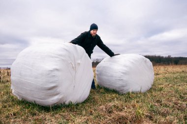 Çiftçi ve saman yığınları kış için toplandı