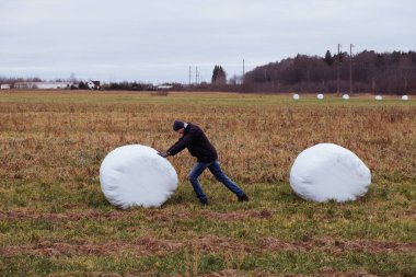 Çiftçi ve saman yığınları kış için toplandı