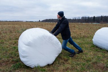 Çiftçi ve saman yığınları kış için toplandı